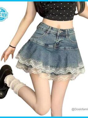 Y2K High Waist Denim Mini Skirt Layered A-Line Skater Lace Trim